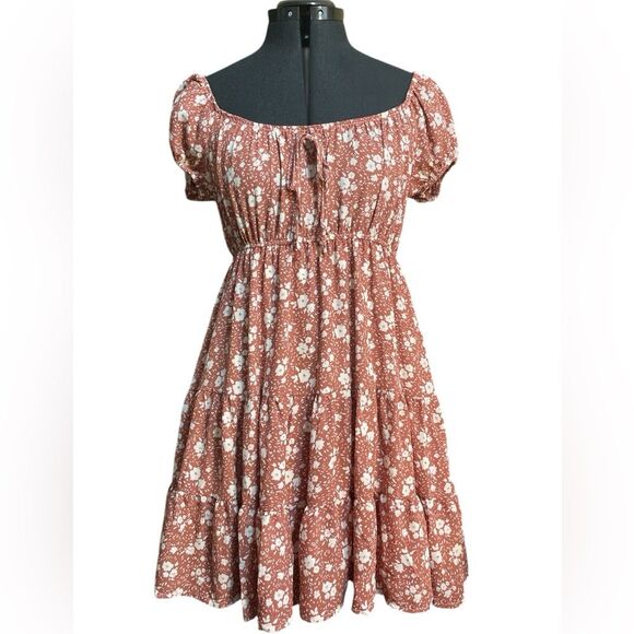 MINE Peasant Babydoll Milkmaid Off-the-shoulder Mini Tiered Dress Dusty Rose S - Picture 1 of 14